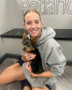 A guest holding a small puppy at Petland Scottsdale